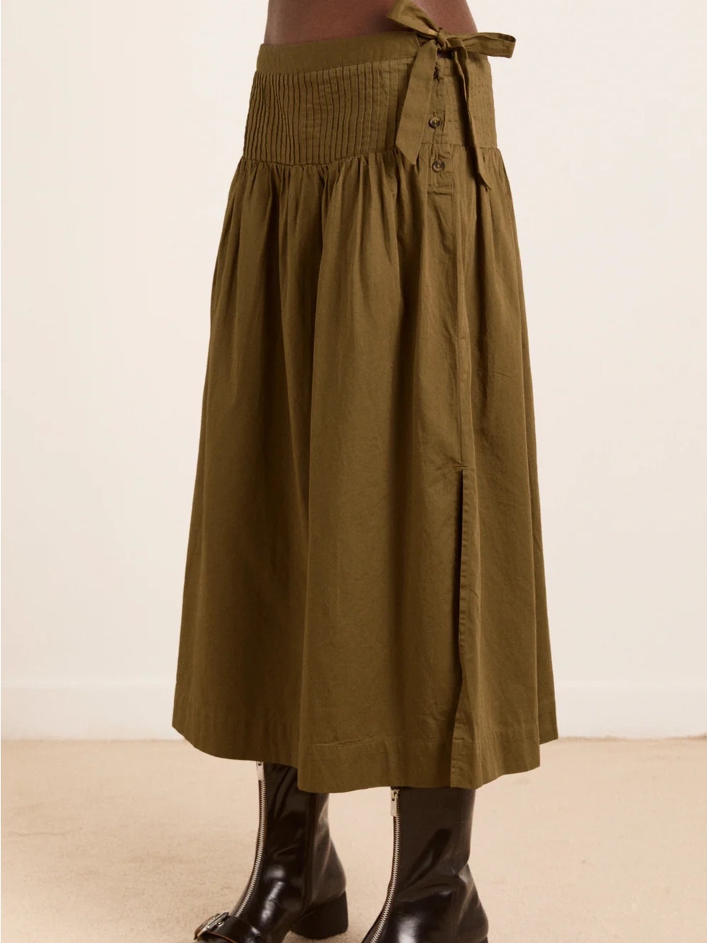 Damson Madder Josie Midi Skirt - Olive Cotton Satin